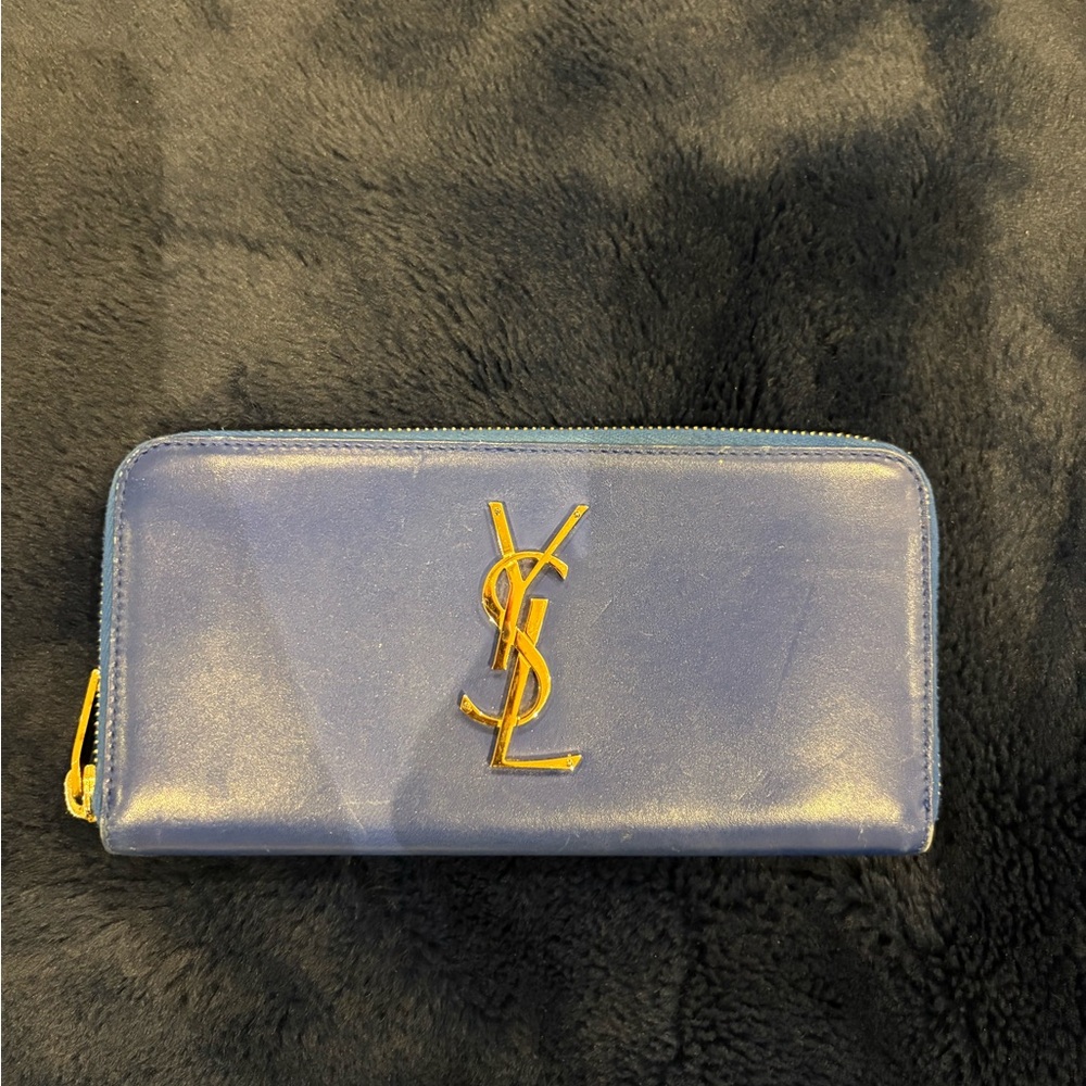Saint Laurent YSL Blue Leather Zip Wallet with Gold Logo- used